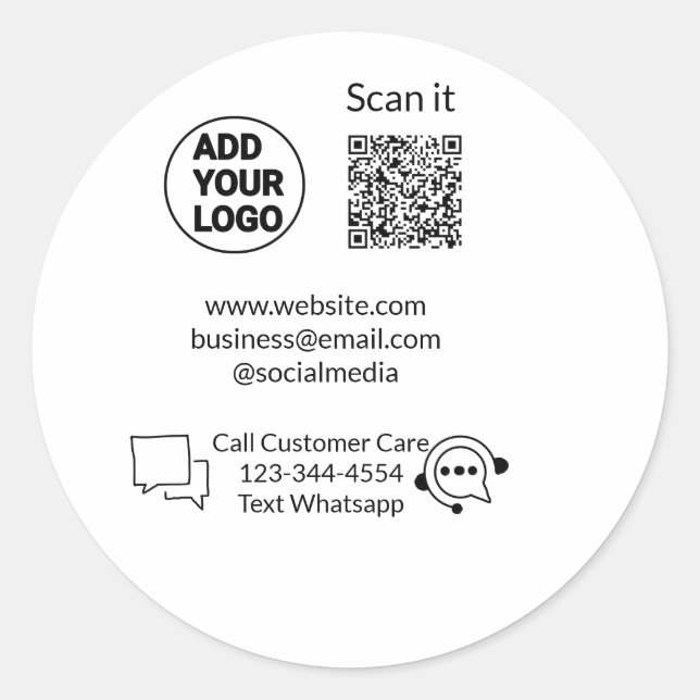 Call customer care text whatsapp Q R code business Classic Round Sticker (Front)