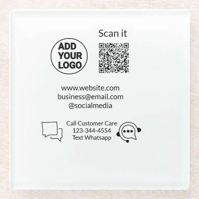 Call customer care text whatsapp Q R code business Glass Coaster (Front)