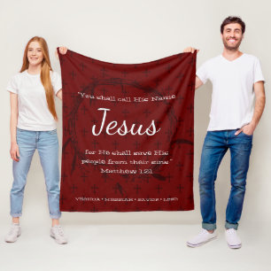 CALL HIS NAME JESUS   Red Christmas Scripture Fleece Blanket