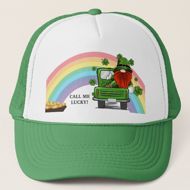 Call Me Lucky Irish Gnome Trucker Hat (Front)