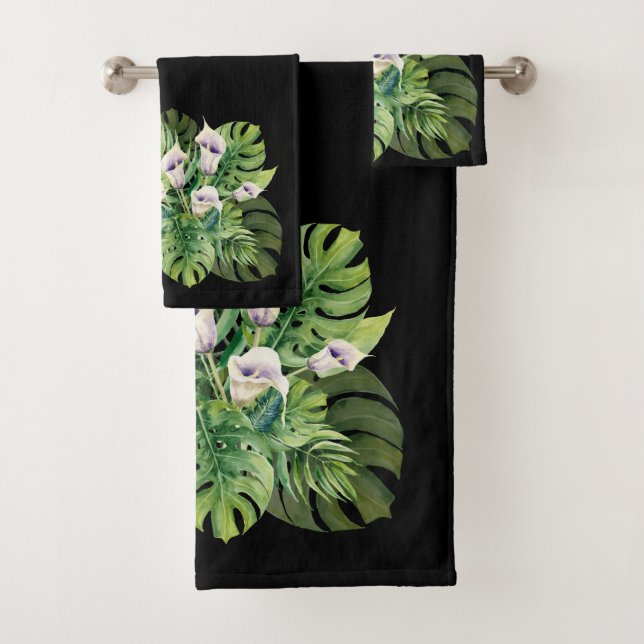 Calla flowers and tropical leaves bath towel set (Insitu)