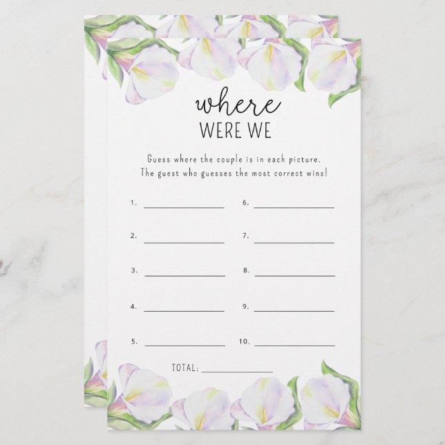 Calla flowers - Where were we bridal shower game (Front/Back)