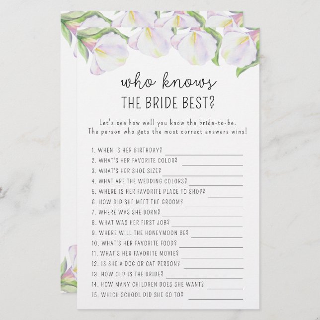 Calla flowers - Who knows the bride best game (Front/Back)