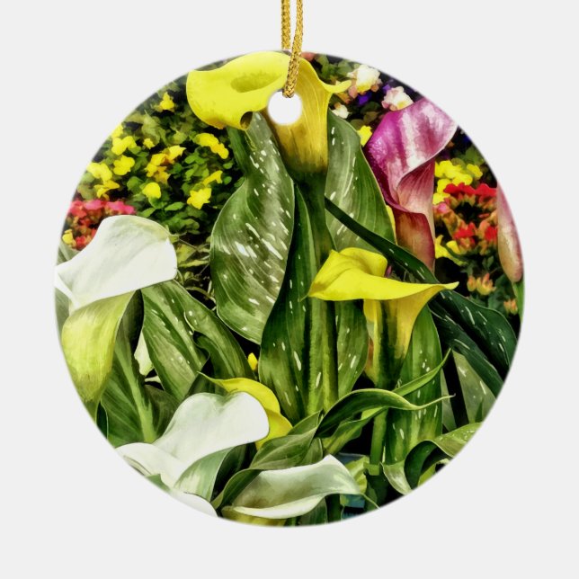Calla Lilies and Pansies Ceramic Ornament (Front)