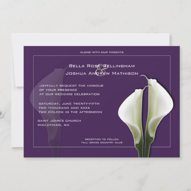 Calla Lilies Faire-part de mariage sur violet (Devant)