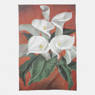 Calla Lilies On A Red Background Kitchen Towel
