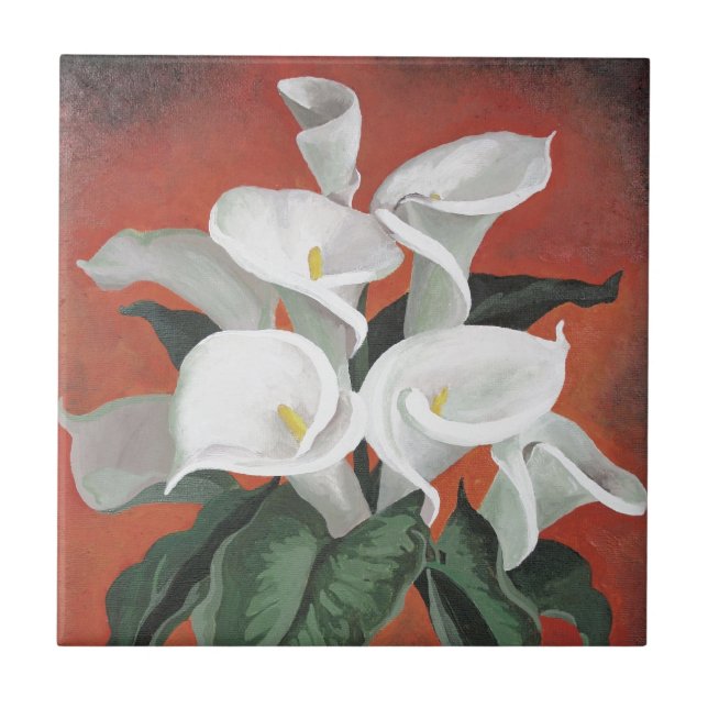 Calla Lilies On A Red Background Tile (Front)