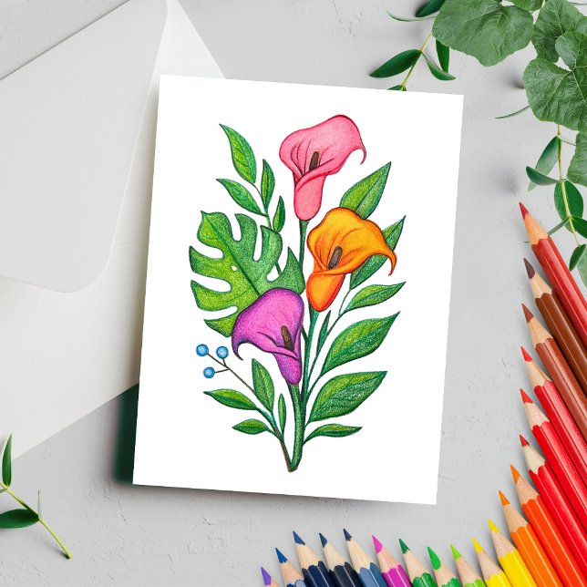 Calla Lillies Floral Drawing Coloured Pencil Postcard (Creator Uploaded)
