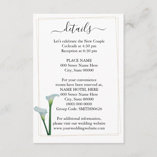 Calla Lily - Carte Détails du Mariage (Devant)