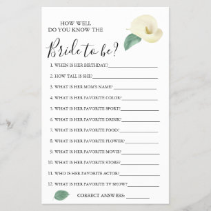 Calla Lily How well do you know bride game card