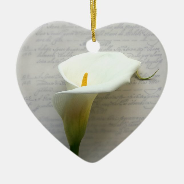 calla lily on old handwriting heart ornament (Front)