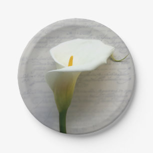 Calla lily on old script paper plate