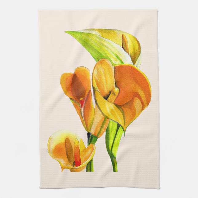 Calla lily orange floal watercolor  kitchen towel (Vertical)