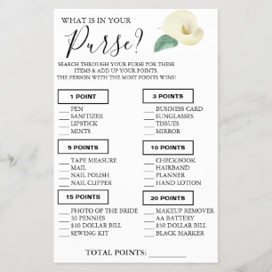 Calla Lily What is in your purse Shower game card