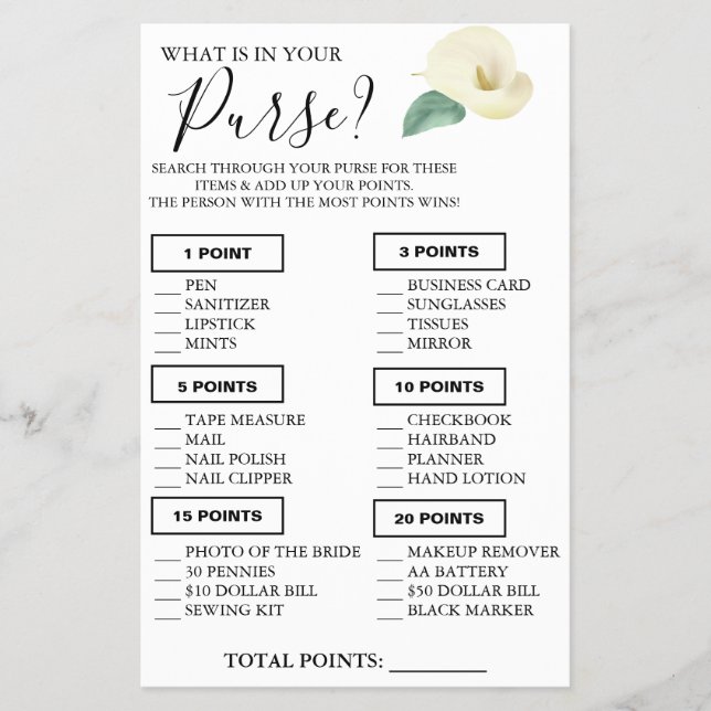 Calla Lily What is in your purse Shower game card (Front)