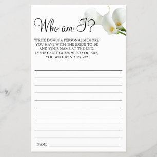Calla Lily Who I am Bridal shower game card