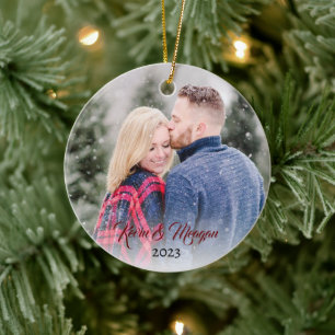 Calligraph Script   Family Name Double Sided Photo Ceramic Ornament