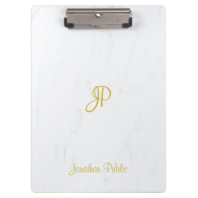 Calligraphed Gold Monogram Elegant Marble Modern Clipboard (Front)