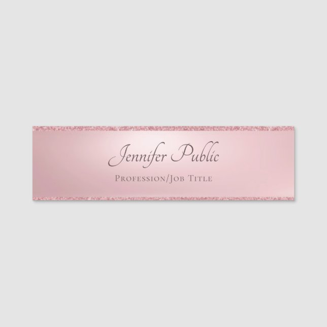 Calligraphed Modern Rose Gold Glitter Template Name Tag (Front)