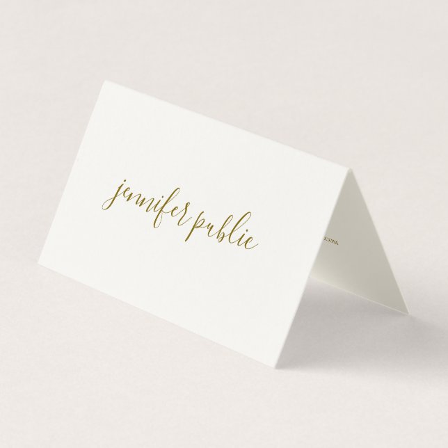 Calligraphed Script Cream White Gold Folded Luxury Business Card (Front)