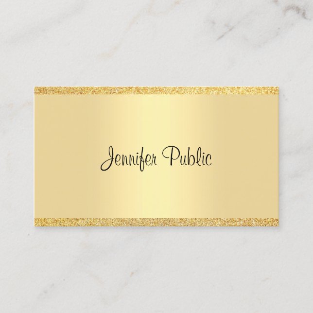 Calligraphed Script Gold Glitter Modern Template Business Card (Front)