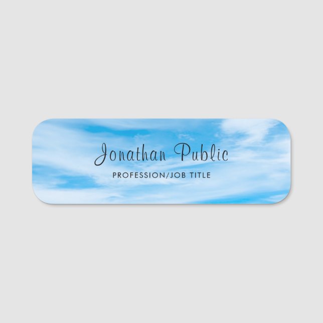 Calligraphed Script Name Blue Sky Clouds Template Tag (Front)