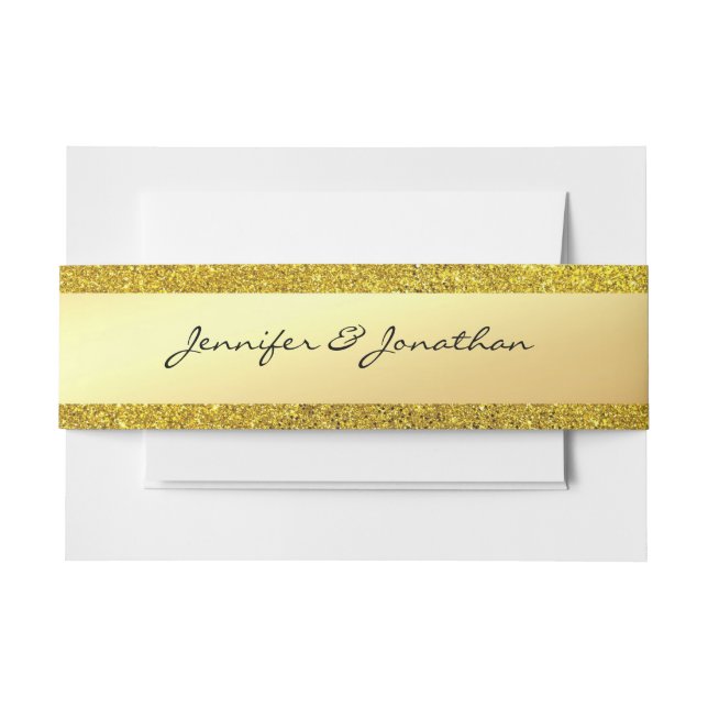 Calligraphed Script Name Gold Glitter Modern Invitation Belly Band (Front Example)