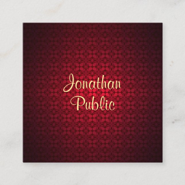 Calligraphed Script Name Red Damask Template Chic Square Business Card (Front)