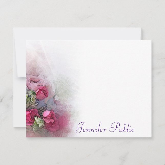 Calligraphed Script Name Watercolor Roses Flowers Card (Front)