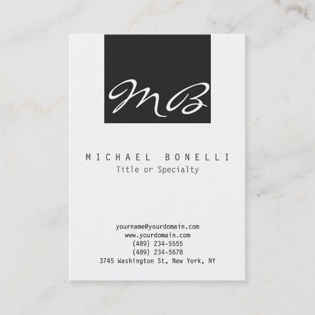 Calligraphic Monogram White Black Business Card (Front)
