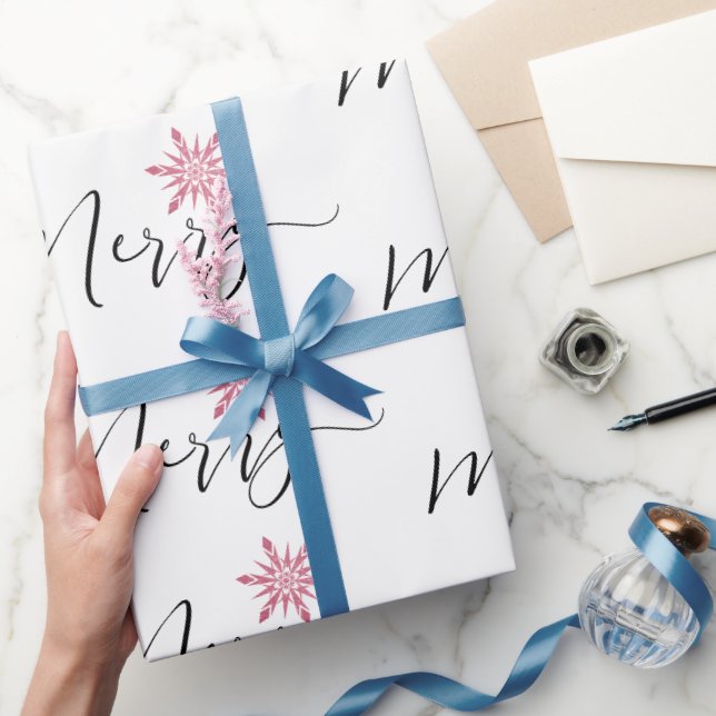 Calligraphic Pink Glitter Snowflakes Christmas Wrapping Paper (Gifting)