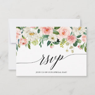 Calligraphie Blanc Rose Floral Mariage Carte RSVP