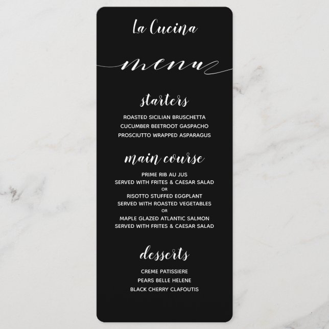 Calligraphie blanche Classic Black Dinner Menu (Devant)