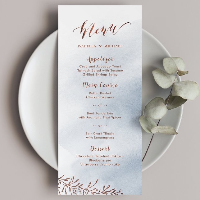 Calligraphie bleu outremer menu mariage à fleurs r (Dusty blue calligraphy rustic floral wedding menu)