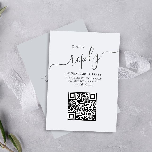 Calligraphie bleue QR Code réponse Mariage (Simple blue-grey wedding RSVP card with a scannable QR code. )