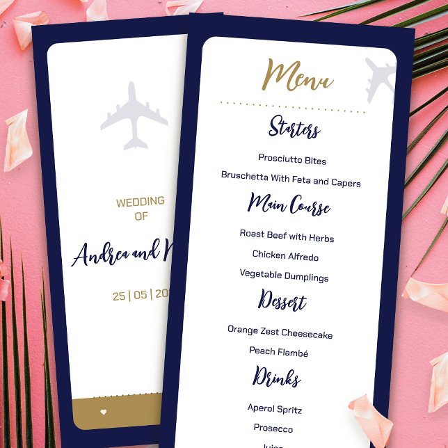 Calligraphie Blue Boarding Pass Menu Mariage (Calligraphy Blue Boarding Pass Wedding Menu)