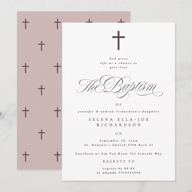 Calligraphie croisée violette Taupe Invitation de  (Devant / Derrière)