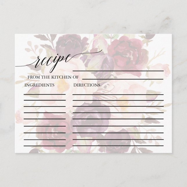 Calligraphie Élégante | Cartes de Recette Florales (Devant)