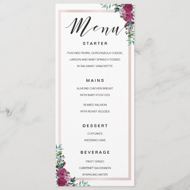 Calligraphie Menu aquarelle cadre floral modèle (Devant)