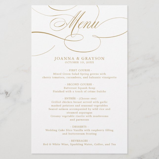 Calligraphie moderne intemporelle or mariage Menu (Devant)