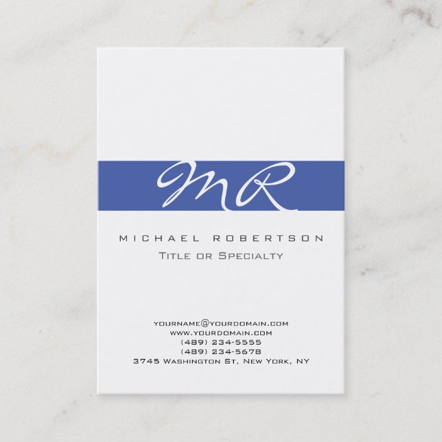 Calligraphie Monogramme Carte de visite bleu blanc (Devant)