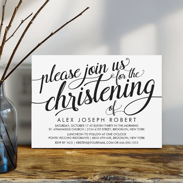 Calligraphie noir et blanc Invitation Christening (Créateur téléchargé)