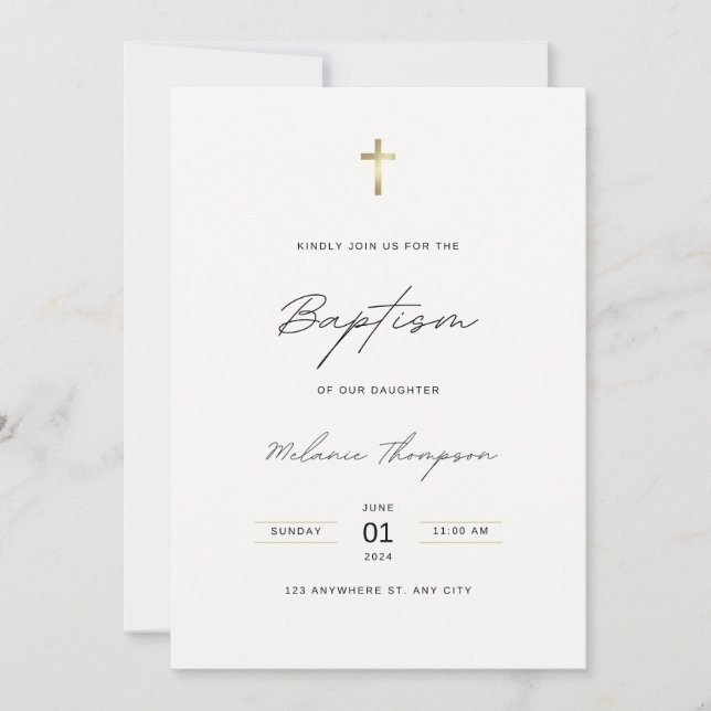 Calligraphie noire minimaliste Baptême Invitation (Devant)