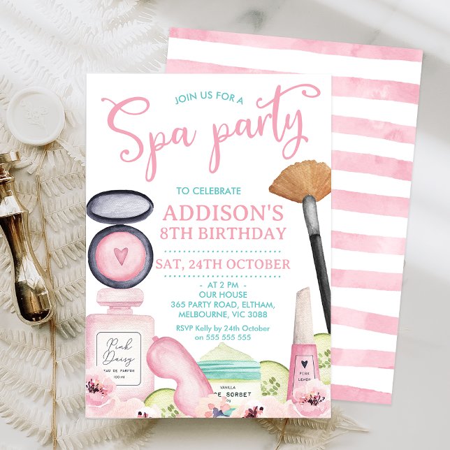 Calligraphie rose Spa Fête Anniversaire Invitation (Pink calligraphy heading spa party themed birthday invitation featuring various beauty products.)
