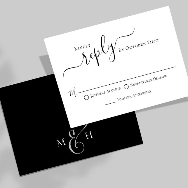 Calligraphie simple Noir blanc choix de repas RSVP (Elegant simple classic meal choice black and white RSVP card. )