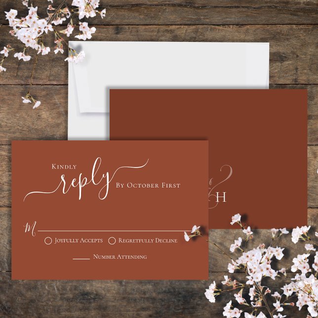 Calligraphie simple Terracotta Classic Guest RSVP (Beautiful terracotta wedding rsvp, traditional RSVP choice options on the front. )
