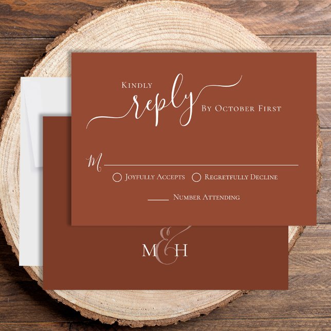 Calligraphie simple Terracotta Classic Guest RSVP (Beautiful terracotta wedding rsvp, traditional RSVP choice options on the front. )