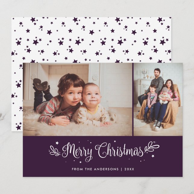 Calligraphie violette Joyeux Cartes photos de Noël (Devant / Derrière)