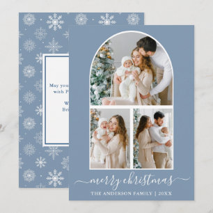 Calligraphy 3 Photo Arch Snowflakes Dusty Blue Holiday Card