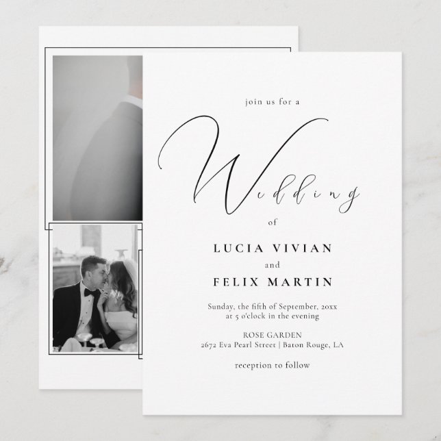 Calligraphy 3 Photo Black & White Wedding Invitation (Front/Back)